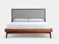 Lit double bois et tissu 210×165×105 cm - marron/gris - style rétro contemporain
