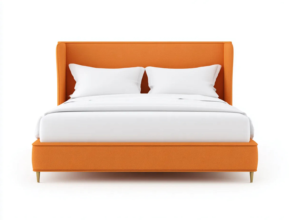 Lit double tapissé 214×168×112 cm - orange et doré - chambre contemporaine