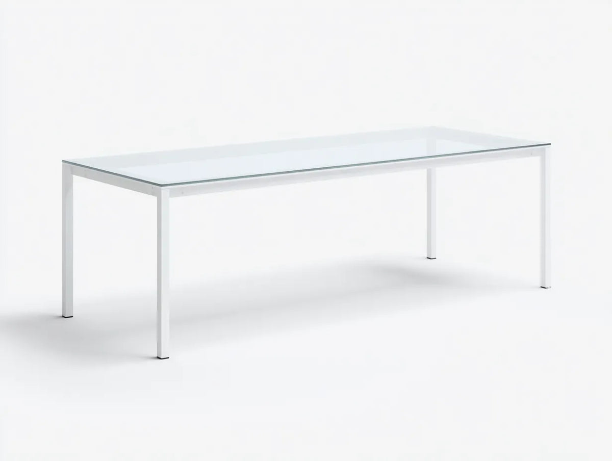 Table à manger extérieure en verre et métal 220×90×75 cm - blanc et transparent - style contemporain