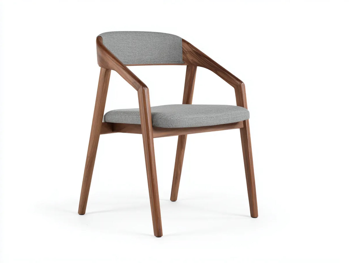 Chaise de salle à manger 56×55×80 cm – bois noyer – tissu gris – dossier avec accoudoirs