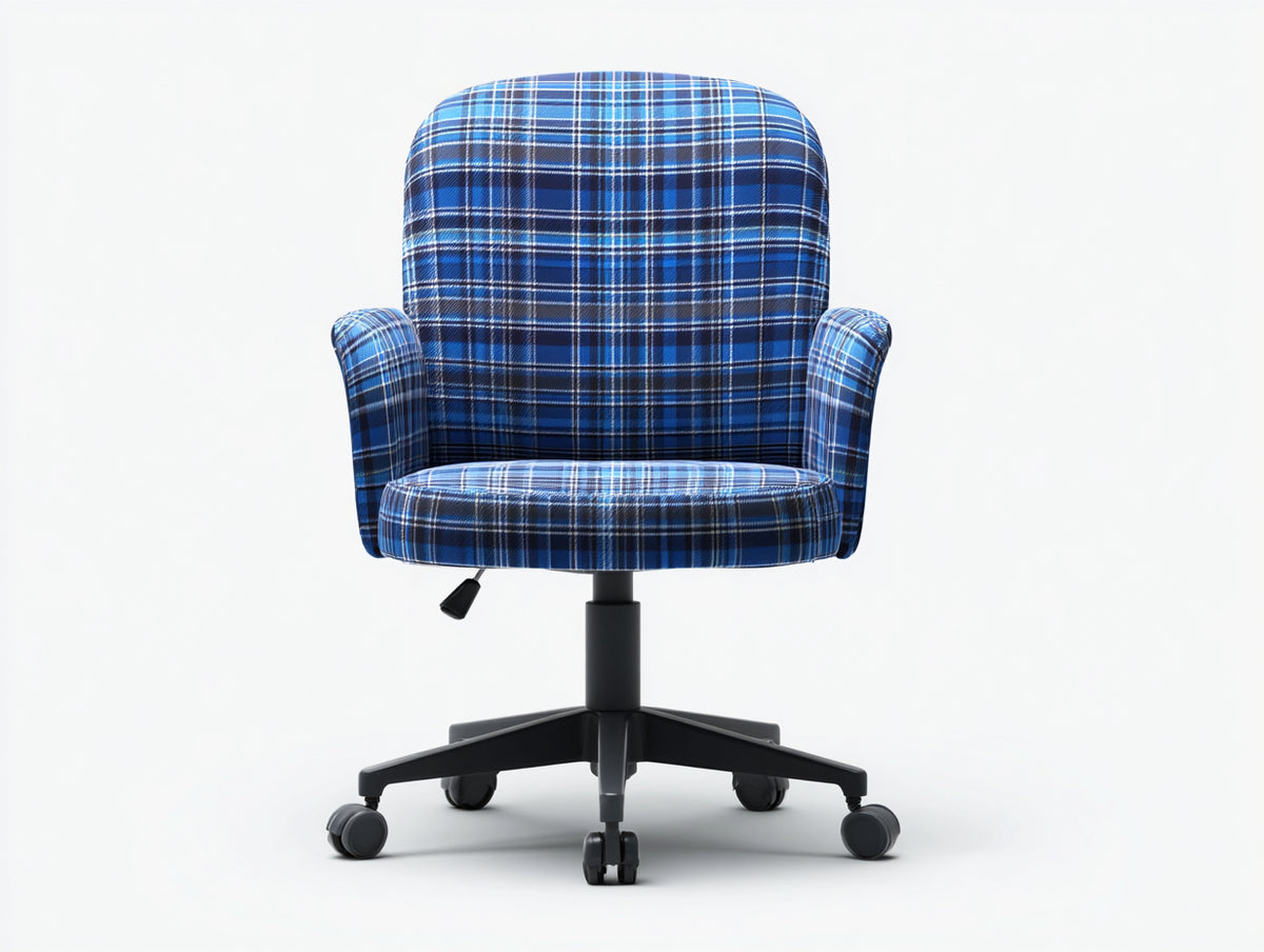 Computerstuhl-Stoff-64×69×99 cm-Blau/Schwarz-kompaktes Karomuster mit Rollen fürs Arbeitszimmer