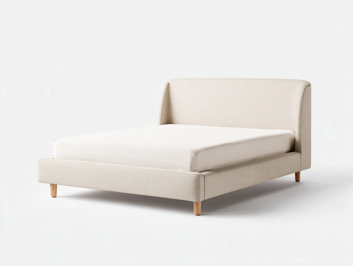 Lit double tapissé 208×166×102 cm - beige et bois - style épuré